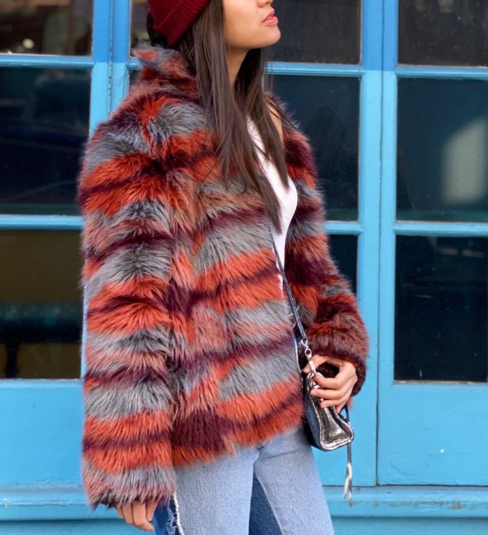 Saylor Paula Faux Fur Jacket Womens XS Colorful Stripe Cozy Plush Warm Glam